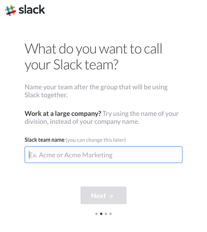 The Slack onboarding experience uses a clear step by step process and lets the user know where they are in the process using subtle dots.