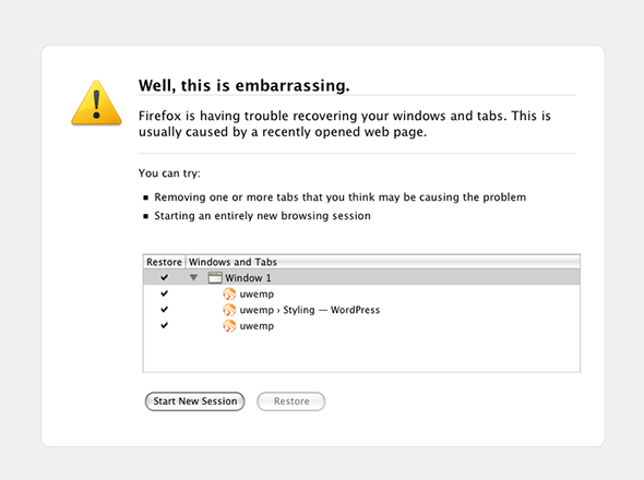 A screenshot of a Firefox error messages uses humor, saying "Well, this is embarrassing" to break the tension of not being able to load something. 