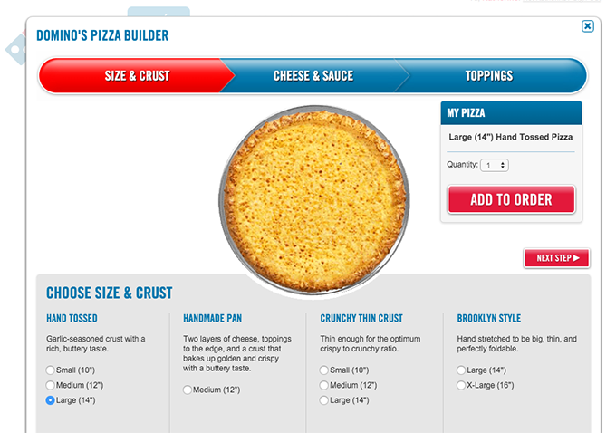 The Domino's online pizza builder has a large "Add to Order" button that conflicts with the smaller "Next Step" button. 