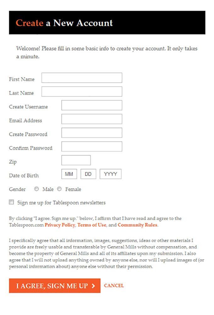 Tablespoon's registration screen