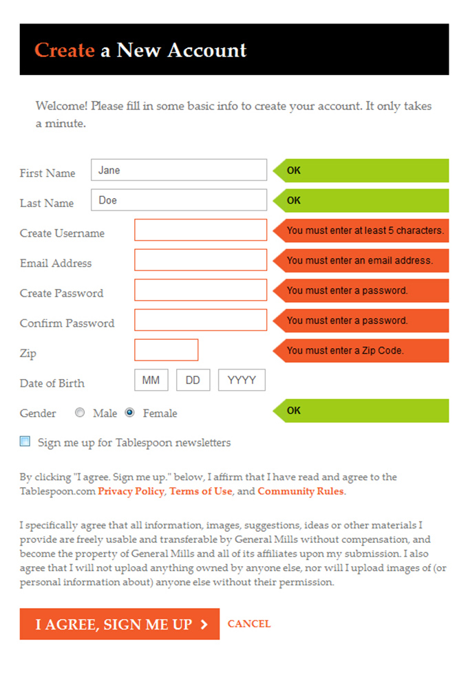 Tablespoon's registration screen and error display. 