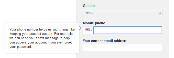 Gmail's registration screen