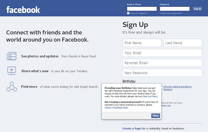 Facebook's registration screen