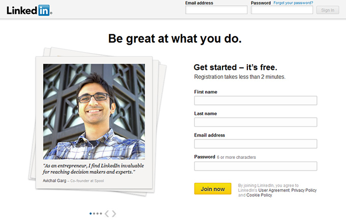 LinkedIn's registration screen