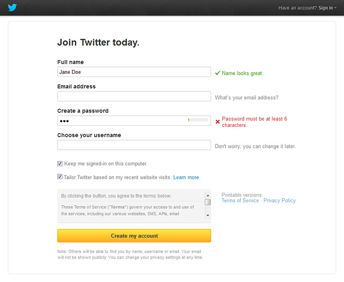 Twitter's registration screen and error display